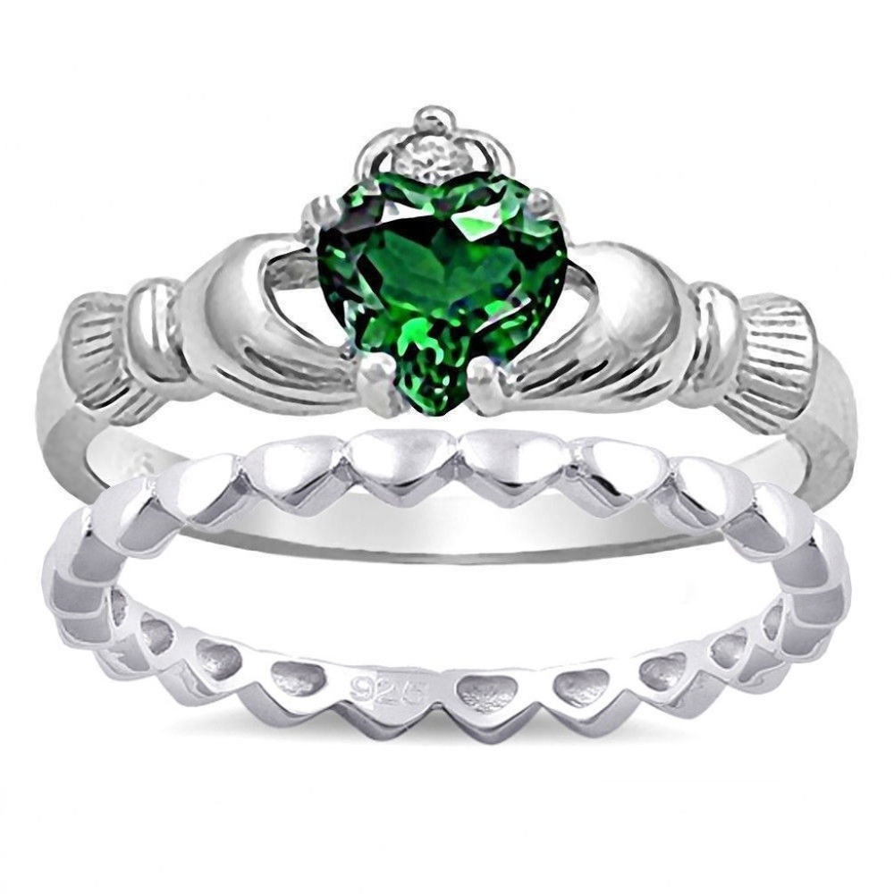 Sterling Silver Claddagh Ring Match Heart Band Set